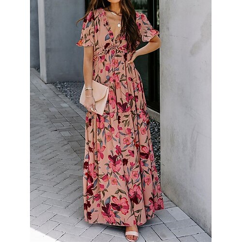 

Mujer vestido largo vestido largo Vestido informal Vestido de Columpio Vestido de una línea Floral Moda Ropa de calle Diario Festivos Vacaciones Estampado Manga Corta Escote en Pico Vestido Holgado