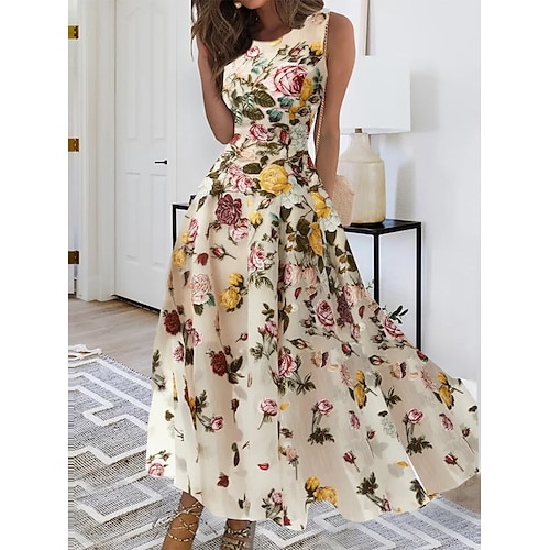 

Women's Long Dress Maxi Dress Casual Dress Chiffon Dress Swing Dress Floral Fashion Streetwear Outdoor Daily Holiday Print Sleeveless Crew Neck Dress Regular Fit Blue Beige Summer Spring S M L XL XXL