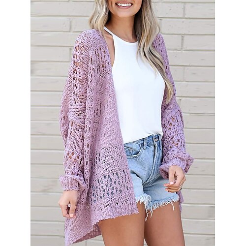 

Mulheres Sueter Cardigan Saltador Crochê Tricotar Buraco Côr Sólida Abertura Frontal à moda Casual Diário Para Noite Verão Primavera Roxo Verde S M L