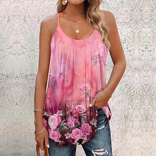 

Women's Tank Top Pink Blue Purple Floral Print Sleeveless Casual Holiday Basic U Neck Floral