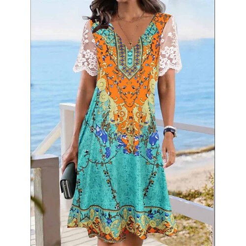 

Tenue décontractée Robe ethnique Robe d'été Femme Tribal Dentelle Patchwork Col V Rétro Vintage Ethnique Extérieur du quotidien Manche Courte Standard Bleu Eté Printemps S M L XL XXL