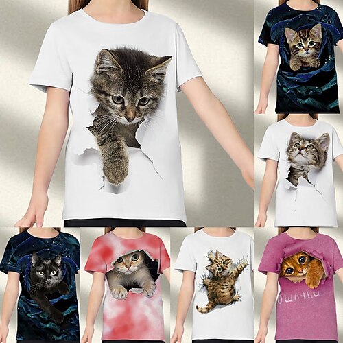 

T-shirt Tee-shirts Fille Enfants Manches Courtes Chat Graphique Animal Arc-en-ciel Enfants Hauts Actif Le style mignon 3-12 ans