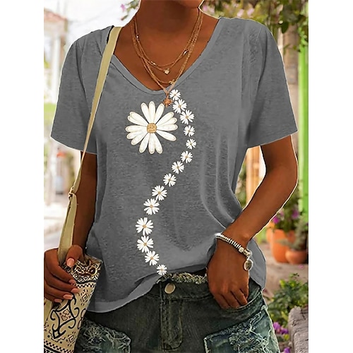 

Women's T shirt Tee Black Pink Gray Daisy Print Short Sleeve Holiday Weekend Basic V Neck Regular Floral Painting S