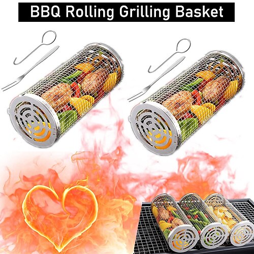 

1 Pc Rolling Grilling Basket for Outdoor Grill, BBQ Basket with 2pcs Fork, BBQ Net Tube, Grill Tool with Removable Mesh Cover, Accessories Included, Grilling Gifts for Men Dad