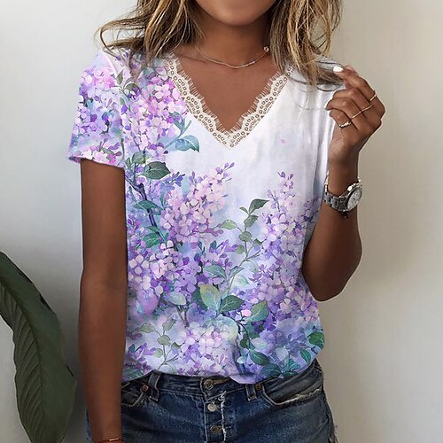 

Women's T shirt Tee Pink Blue Purple Floral Lace Trims Print Short Sleeve Holiday Weekend Basic V Neck Regular Floral Painting S