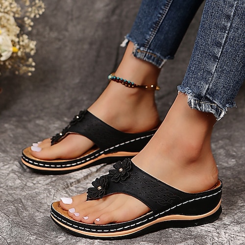 

Women's Sandals Slippers Boho Bohemia Beach Wedge Sandals Outdoor Slippers Daily Beach Summer Flower Wedge Heel Round Toe Casual Faux Leather Loafer Solid Color Black Pink Brown