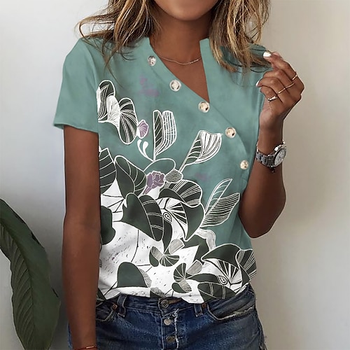 

T shirt Tee Femme Vert Floral Imprimer Manche Courte Vacances Fin de semaine basique Col V Normal Standard Fleur Peinture S