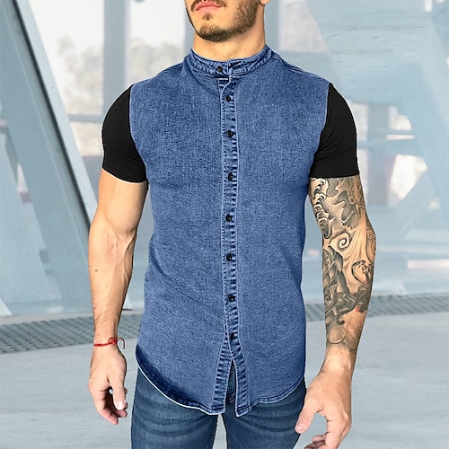 

Homens Camiseta T-shirt Bloco de cor Colarinho Chinês Rua Férias Manga Curta Patchwork Roupa Denim Moda Designer Básico