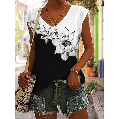 

Damen Tank Top Schwarz Weiß Rote Blumen Bedruckt Ärmellos Festtage Basic V Ausschnitt Standard Blume S