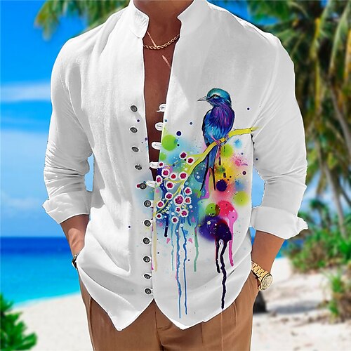 

Homme Chemise Chemise Lin Floral Oiseau Imprimés Photos Mao Jaune Rouge Bleu Extérieur Plein Air manche longue Imprimer Vêtement Tenue Mode Design Décontractées Confortable