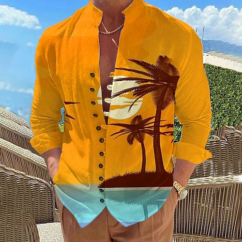 

Homens Camisa Social camisa de linho Camisa havaiana Coqueiro Estampas Abstratas Colarinho Chinês Preto Amarelo Azul Roxo Ao ar livre Rua Manga Longa Imprimir Roupa Linho Moda Roupa de rua Designer