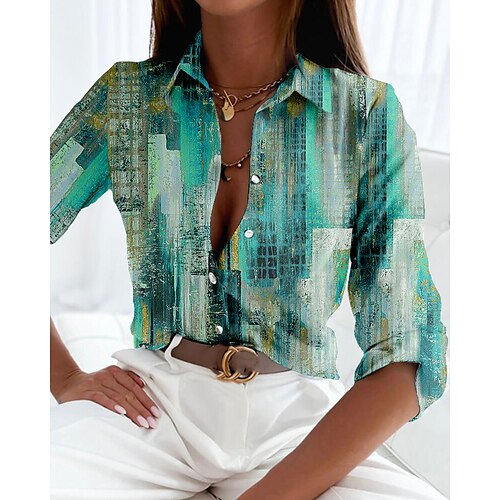 

Mulheres Camisa Social Blusa Azul Roxo Verde Tintura Tie Dye Botão Imprimir Manga Longa Casual Básico Colarinho de Camisa Padrão S