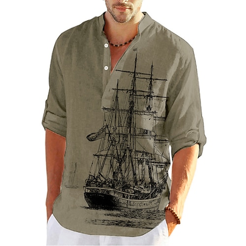 Men's Shirt Linen Shirt Graphic Prints Vintage Sailboat Stand Collar Black-White Sea Blue KhakiKhaki Black White Outdoor Street Long Sleeve Print Clothing Apparel Linen Fashion Streetwear Designer