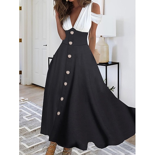 

Women's Long Dress Maxi Dress Casual Dress Swing Dress A Line Dress Plain Fashion Streetwear Outdoor Daily Date Patchwork Button Short Sleeve V Neck Dress Regular Fit Black Summer Spring S M L XL XXL