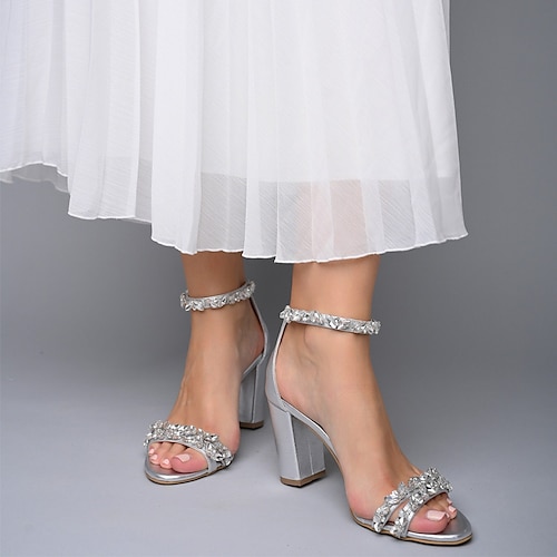 

Women's Sandals Block Heel Sandals Heel Sandals Sparkly Sandals Wedding Work Daily Summer Rhinestone Zipper Chunky Heel Open Toe Luxurious Elegant Minimalism Faux Leather Zipper Solid Color Silver