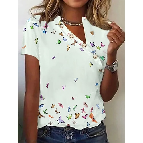 

T shirt Tee Femme Blanche Rose Claire Bleu Papillon Imprimer Manche Courte du quotidien Fin de semaine basique Col V Normal Standard Papillon Peinture S