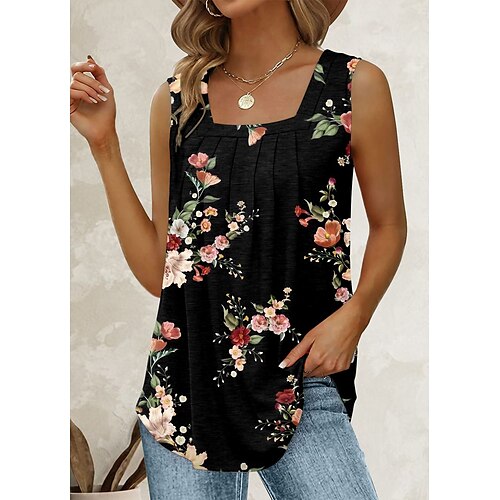 

Mujer Camiseta sin mangas Negro Rojo Azul Marino Floral Estampado Sin Mangas Casual Festivos Básico Escote Cuadrado Regular Flor S