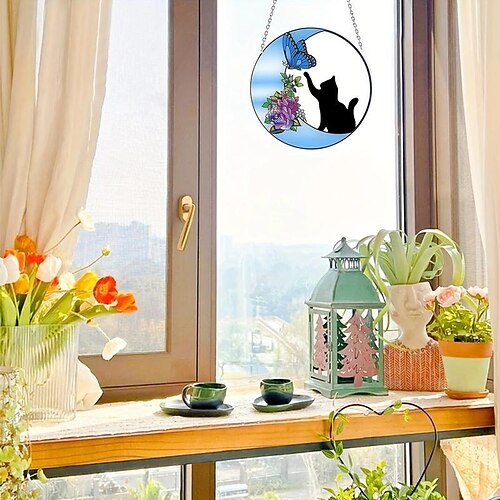 

1 peça, viseira de sol de acrílico gato preto janela de acrílico colorida pendurada, gato preto bambu suncatcher folha arte decorativa de parede de plantas, presentes de ornamento de gato preto para