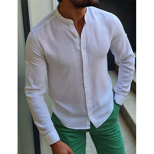 

Hombre camisa de lino Abotonar la camisa Camisa de verano Camisa de playa Blanco Rosa Naranja Manga Larga Plano Cuello alto Primavera verano Diario Vacaciones Ropa