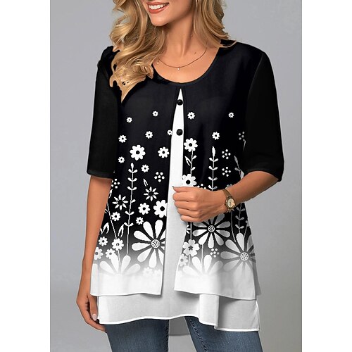 

Mulheres Camisa Social Blusa Branco Azul Floral Imprimir Manga Curta Casual Feriado Básico Decote Redondo Padrão Tema Flores S