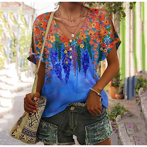 

T shirt Tee Femme Bleu Floral Bouton Découpé Manche Courte Vacances Fin de semaine basique Col V Normal Standard Fleur Peinture S