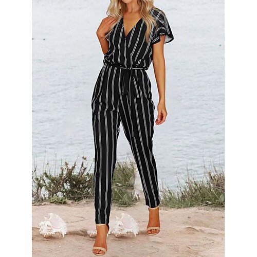 

Damen Jumpsuit mit Schnürung Gestreift V Ausschnitt Geschäftlich Ausgefallene Schulanfang B¨¹ro Regular Fit Kurzarm Schwarz Weiß S M L XL Sommer