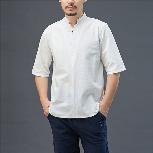 

Homens Camisa Social camisa de verão camisa de praia Preto Branco Azul Manga Curta Tecido Colarinho Chinês Verão Casual Diário Roupa