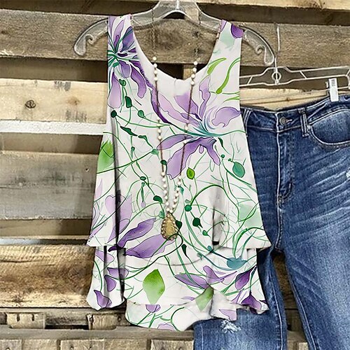 

Women's Tank Top Blue Purple Gray Floral Print Sleeveless Casual Basic Round Neck Regular S