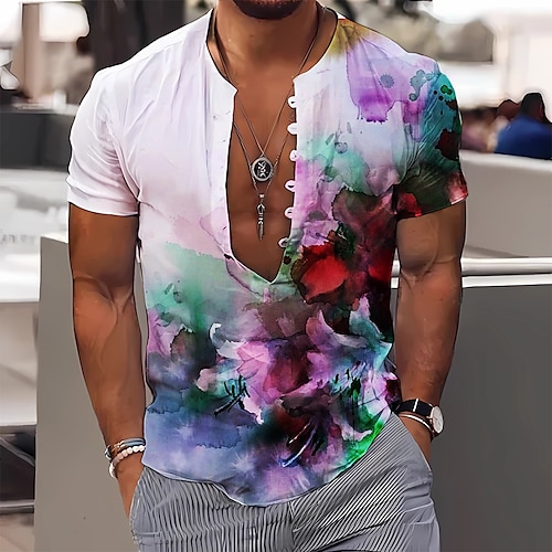 

Men's Shirt Floral Graphic Prints Stand Collar Red Blue Purple Green Gray Outdoor Street Short Sleeve Print Clothing Apparel Fashion Designer Casual Comfortable