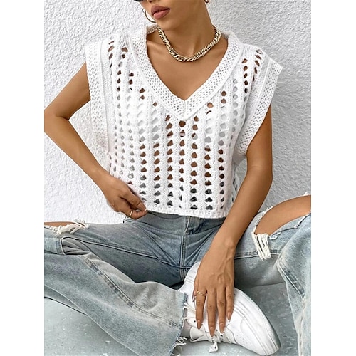 

Pull Maille Femme Crocheté Tricoter Troué Couleur unie Col V mode Décontractées du quotidien Sortie Manches courtes Eté Printemps Blanche S M L