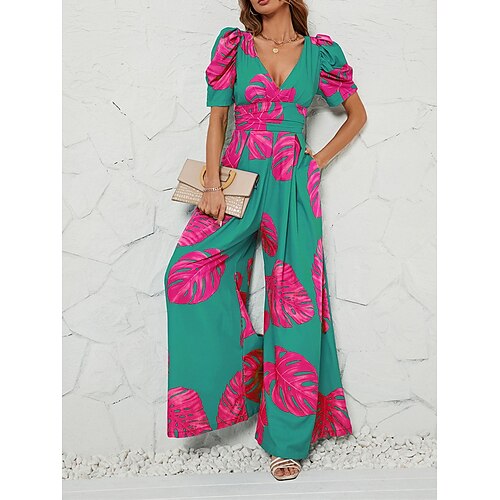 

Women's Jumpsuit Pocket Print Floral V Neck Holiday Street Daily Party Loose Fit Short Sleeve Pink Green S M L Summer Contrasting Color puff sleeves