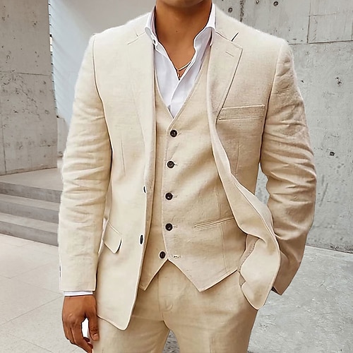 

Azul cielo Beige De los hombres Boda Trajes de Lino Juego de 3 piezas Color sólido Ajustado Recto 2 botones 2023