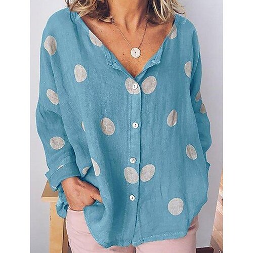 

Women's Shirt Blouse White Pink Sky Blue Polka Dot Button Print Long Sleeve Casual Basic V Neck Regular Linen S