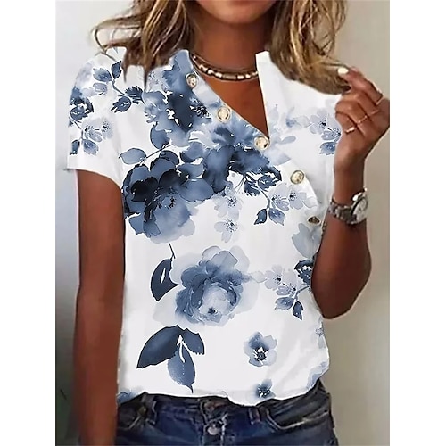 

Mulheres Camiseta Branco Verde Claro Verde Floral Renda Com Corte Manga Curta Feriado Final de semana Básico Decote V Padrão Tema Flores Abstrato Pintura S