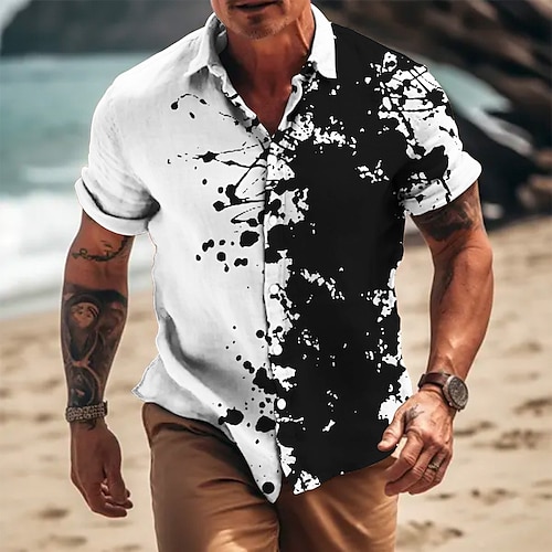 

Homens Camisa Social camisa de linho Gradiente Estampas Abstratas Aberto para a Lateral Preto / Branco Preto Branco Azul Marinha Marron Ao ar livre Rua Manga Curta Imprimir Roupa Linho Moda Designer