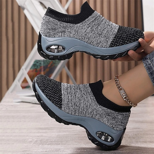

Women's Sneakers Plus Size Flyknit Shoes Outdoor Daily Color Block Summer Flat Heel Round Toe Sporty Casual Running Walking Tissage Volant Loafer Black And White Blue Grey Black gray