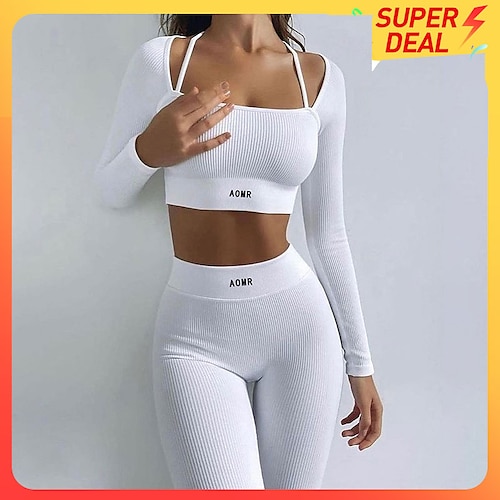 

Women's Workout Sets 2 Piece Cropped Solid Color Clothing Suit 1# 2# Mesh Yoga Fitness Gym Workout Tummy Control Butt Lift Breathable Long Sleeve Sport Activewear Stretchy
