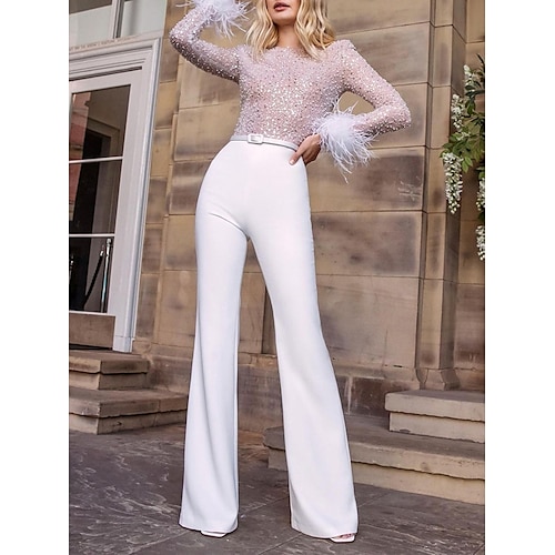 

Women's Jumpsuit High Waist Feather Solid Color Crew Neck Streetwear Party Cocktail Party Regular Fit Long Sleeve White Pink Blue S M L Summer