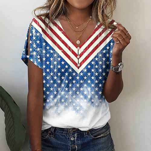 

Mulheres Camiseta Azul Bandeira americana Botão Com Corte Manga Curta Final de semana Dia da Independência Básico Decote V Padrão Pintura S