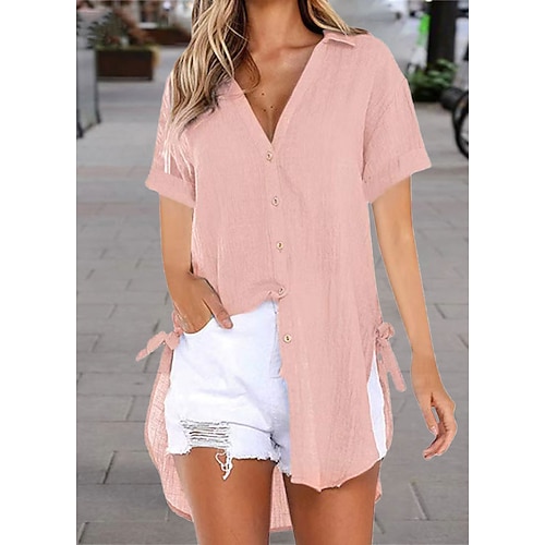 

Damen Hemd Bluse Weiß Gelb Rosa Glatt Taste Kurzarm Casual Basic Hemdkragen Regular Fit