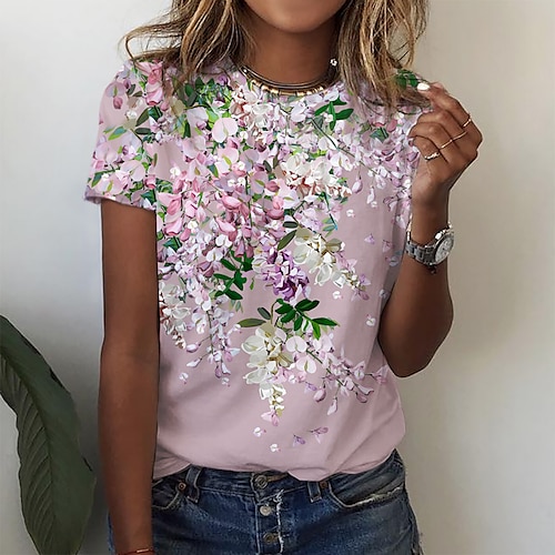 

Dame T-shirt Lyserød Blå Grøn Blomstret Trykt mønster Kortærmet Ferie Weekend Basale Rund hals Normal Blomster Tema Maleri S