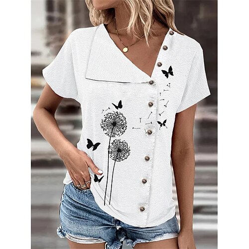 

Women's Shirt Blouse White Butterfly Dandelion Button Print Short Sleeve Casual Holiday Basic V Neck Regular Floral Butterfly S