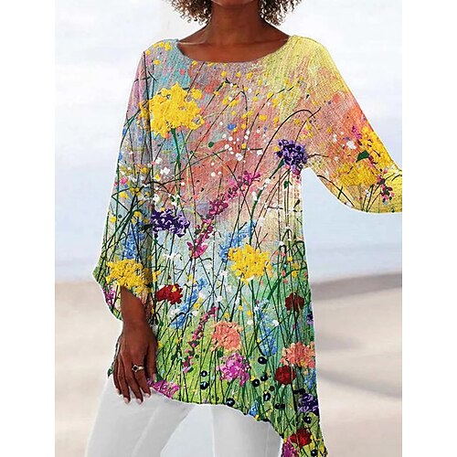 

Chemise Chemisier Femme Jaune Rose Claire Bleu Léopard Floral Asymétrique Imprimer manche longue Casual Vacances basique Col Rond Longue Lin Standard Fleur S