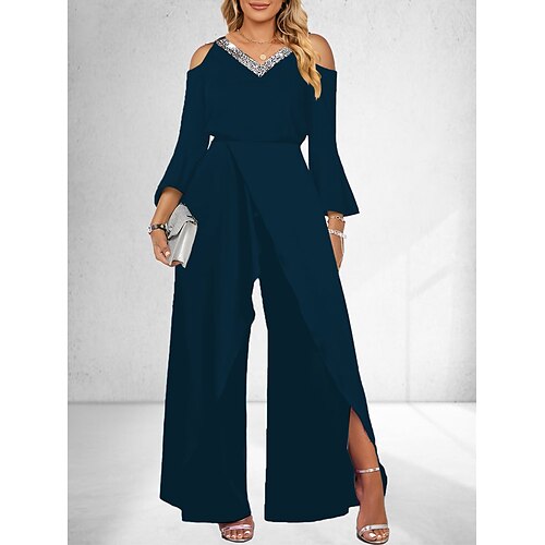 

Women's Jumpsuit Split Sequin Solid Color V Neck Basic Party Business Elegant Wide Leg Loose Fit 3/4 Length Sleeve Bell Sleeve Black Wine Navy Blue S M L All Seasons