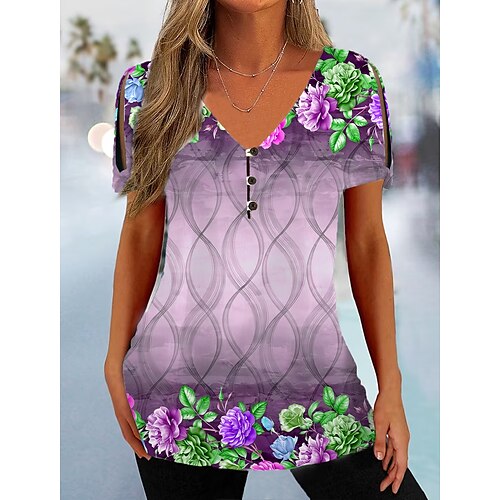 

Women's T shirt Tee Blue Purple Green Floral Button Cut Out Short Sleeve Holiday Weekend Basic V Neck Regular Floral Painting S