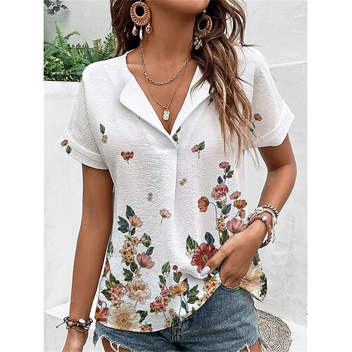 

Damen Hemd Bluse Weiß Grün Blumen Bedruckt Kurzarm Casual Festtage Basic V Ausschnitt Standard Blume S