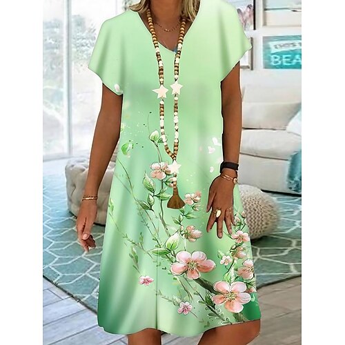 

Mulheres Vestido casual Vestido de verão Vestido estampado Floral Imprimir Decote V Vestido midi Moda Moderno Ao ar livre Diário Manga Curta Normal Verde Claro Roxo Claro Roxo Verão Primavera S M L