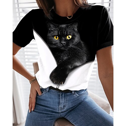 

Mulheres Camiseta Preto Gato Imprimir Manga Curta Diário Final de semana Básico Decote Redondo Padrão Gato 3D Pintura S