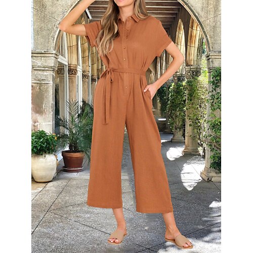 

Women's Jumpsuit Button Pocket Solid Color Shirt Collar Streetwear Street Daily Regular Fit Short Sleeve Brown S M L Summer