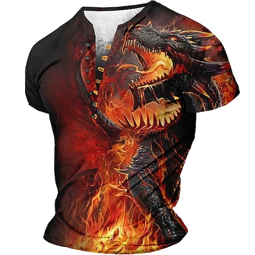 

Men's T shirt Tee Henley Shirt Graphic Animal Dragon Henley Clothing Apparel 3D Print Daily Sports Short Sleeve Buckle Print Fashion Designer Vintage